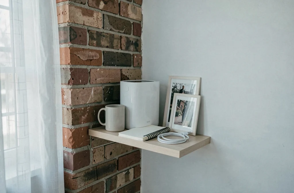 Imprimante photo sans fil posée sur une étagère flottante dans un coin d'appartement compact avec des tirages appuyés contre le mur