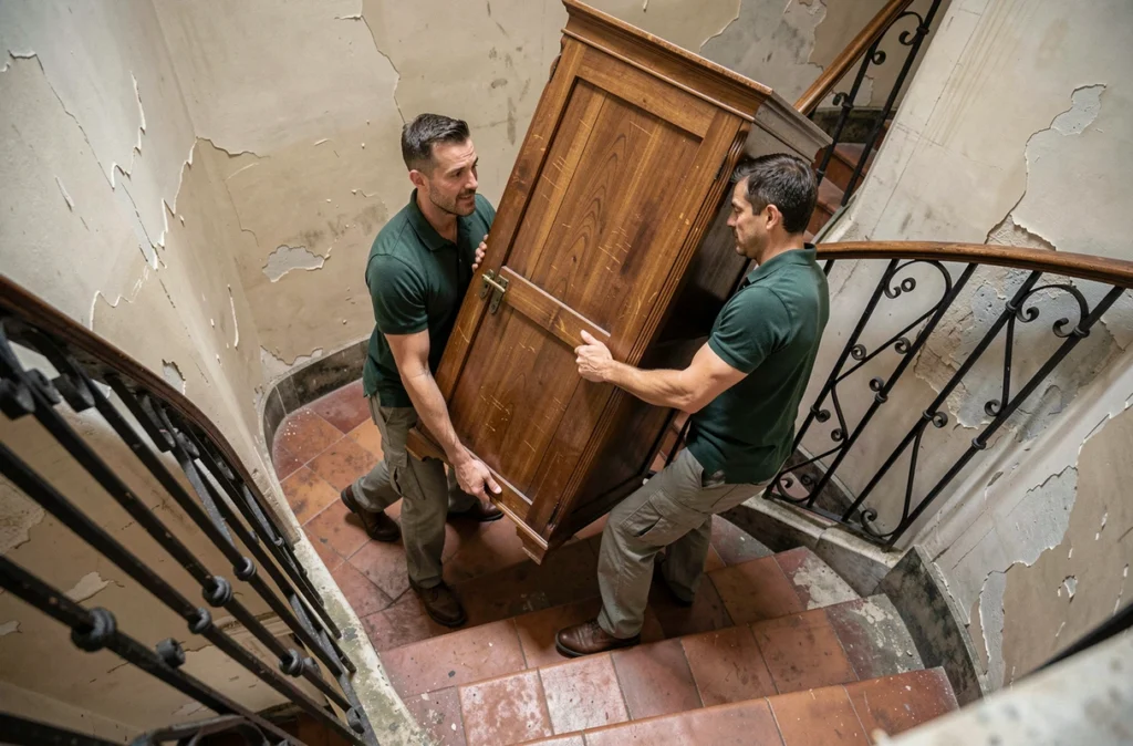 Deux déménageurs de Marne Transdem descendant une armoire dans un escalier parisien en colimaçon
