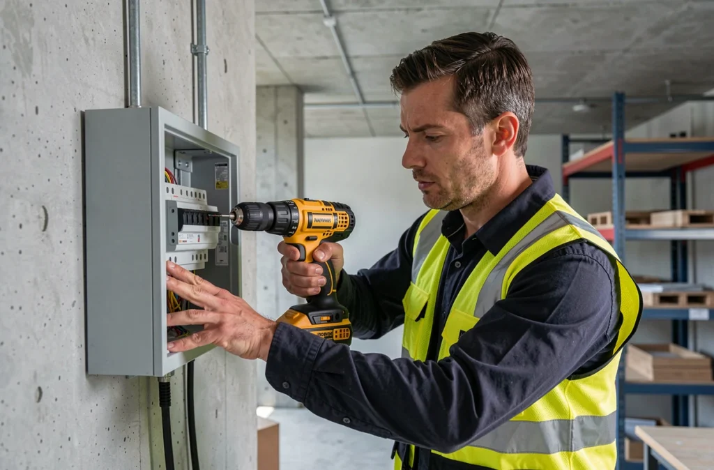 Technicien de M.E.G. installant un tableau de distribution électrique dans un bâtiment commercial en Corse
