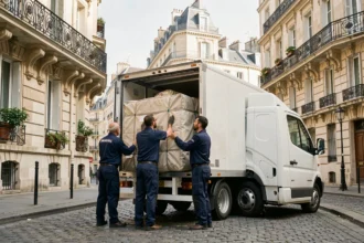 Équipe de déménageurs professionnels chargeant un camion devant un immeuble haussmannien à Paris
