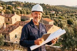 Électricien professionnel en Corse avec vue sur village méditerranéen, représentant les meilleurs électriciens de l'île