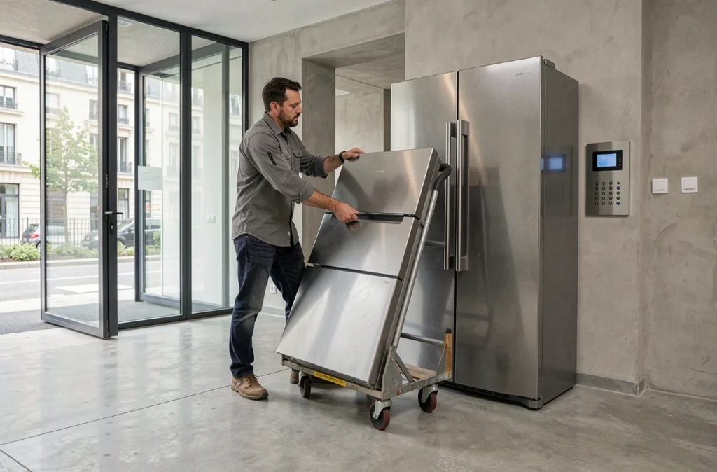 Déménageur de Meta Déménagement utilisant un diable pour déplacer un réfrigérateur dans le hall d'un immeuble moderne parisien