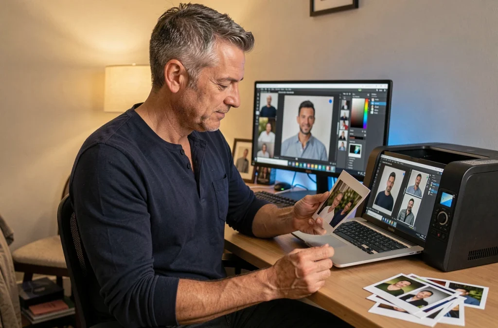 Photographe homme comparant un tirage photo imprimé à son écran d'édition dans un studio maison aménagé dans une petite chambre