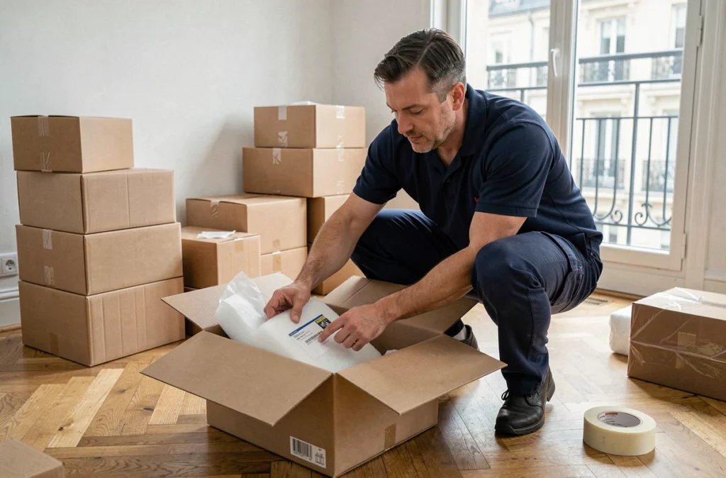 Emballeur professionnel de Proconcept Déménagement conditionnant soigneusement des objets dans un appartement moderne parisien