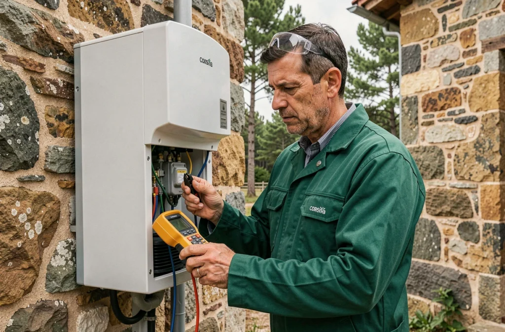 Technicien de Pyrenergies inspectant une installation de pompe à chaleur sur une maison de campagne corse