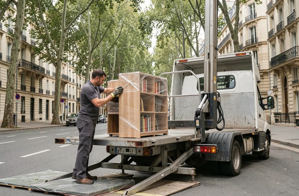 Déménageur de STT Déménagement utilisant un monte-meuble hydraulique dans une rue résidentielle parisienne arborée