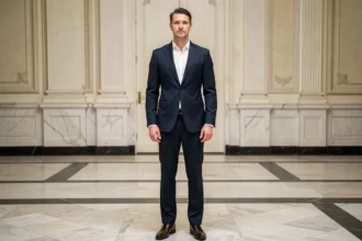 Portrait en pied d'un homme politique français en costume bleu marine dans un hall institutionnel, illustrant la silhouette et le gabarit d'Emmanuel Macron