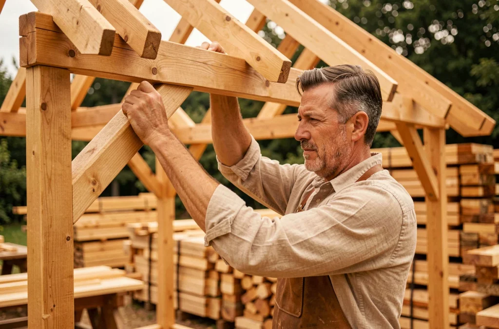 Artisan de Toit et Bois assemblant une charpente en bois traditionnelle dans un atelier en Bourgogne