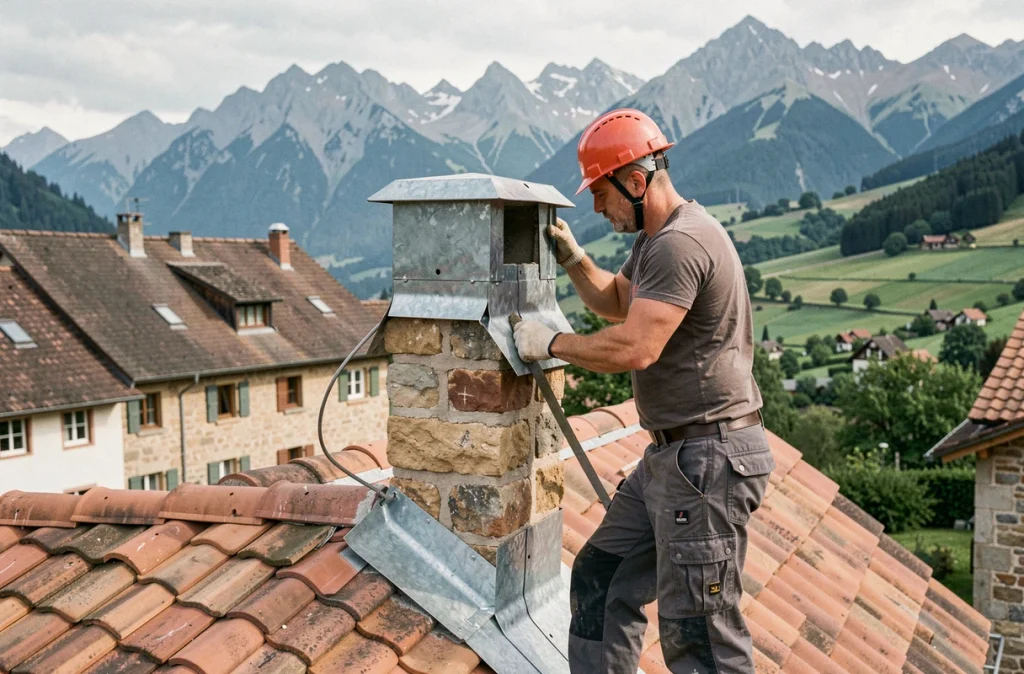 Couvreur Toitures Michaud posant un habillage en zinc autour d'une cheminée sur un toit de village dans le Jura
