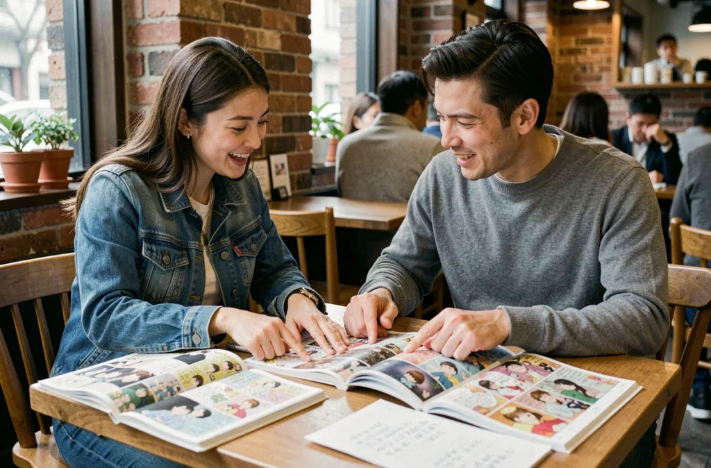 Deux amis discutant des connexions entre les arcs de One Piece autour de mangas ouverts dans un café