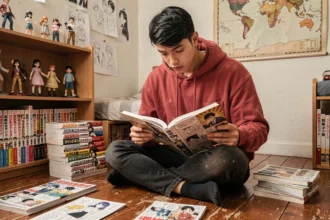 Jeune fan de manga lisant One Piece entouré de volumes et de figurines dans une chambre décorée