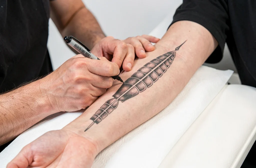 Tatoueur dessinant une scolopendre sur un avant-bras